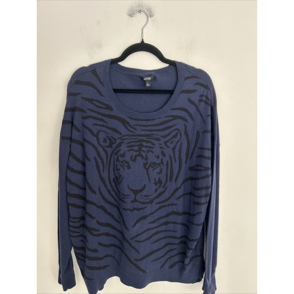 Apt 9 Women's XL Blue Long Sleeve Black Tiger Knit Crewneck Pullover Sweater
